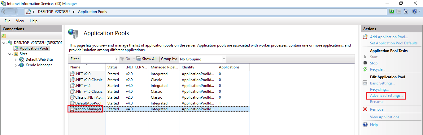 Kendo manager application pool