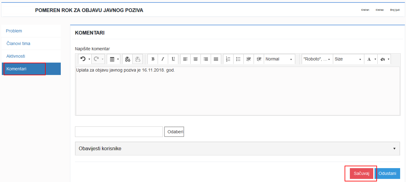 Opcija komentari