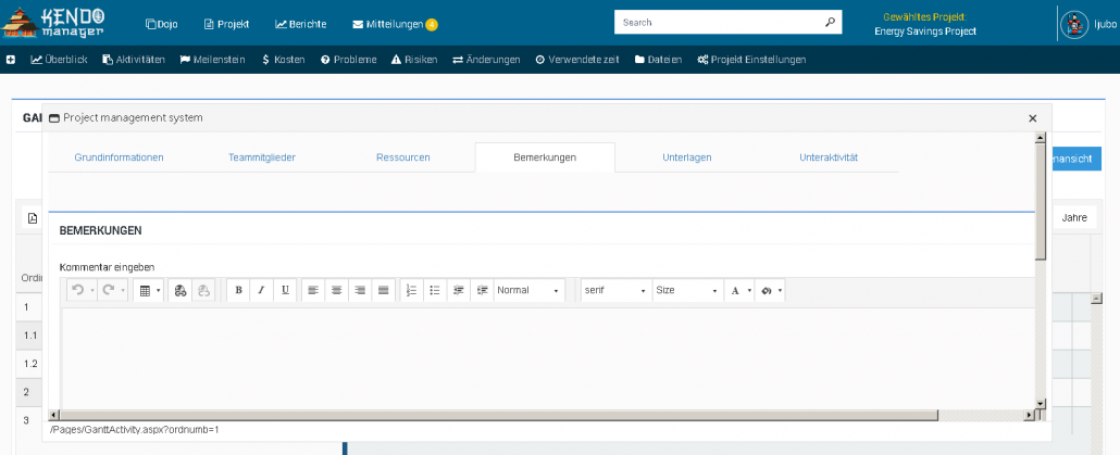 Kommentare zu Aufgaben im Gantt-Diagramm für die Team-Kommunikation in Kendo Manager