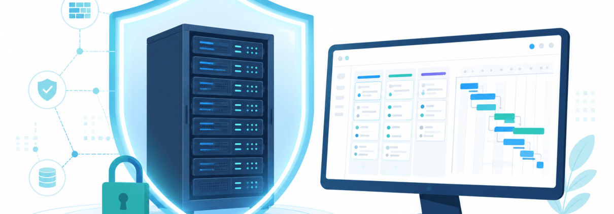 Self-hosted project management software security: on-premise server protected inside a private network